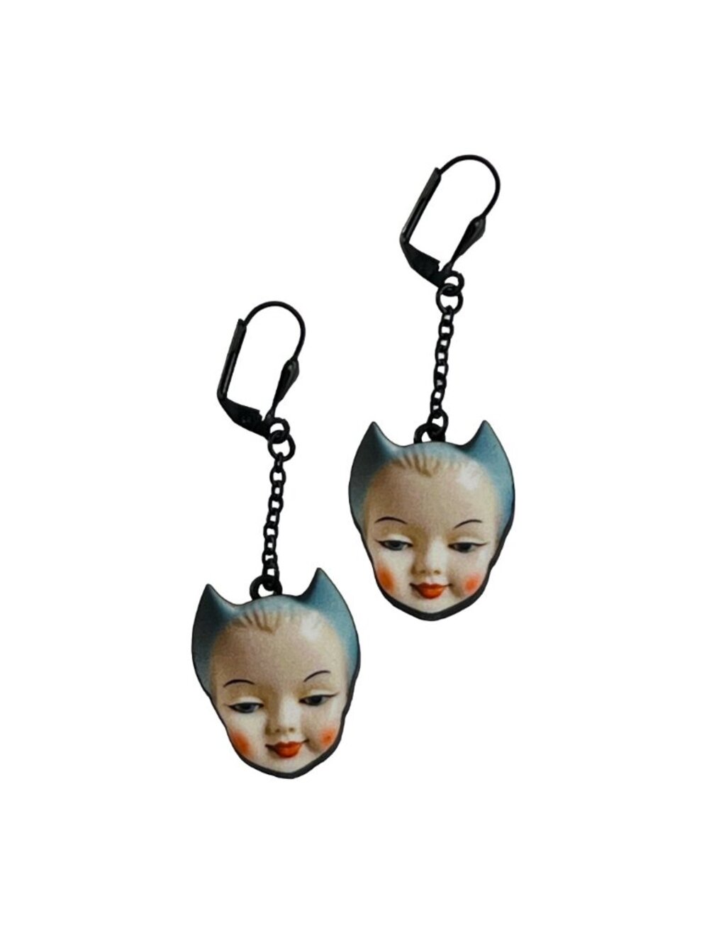 Vintage Style Earrings Kitsch Doll Face Blue Cat Ears – Leverback Ear Wires